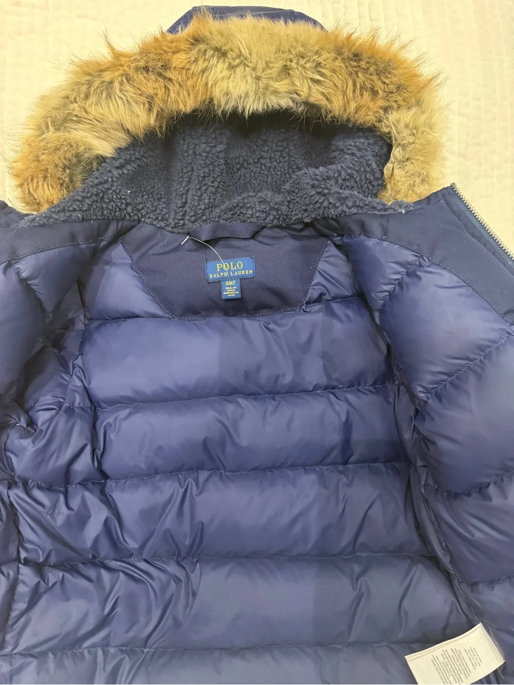 Polo by Ralph Lauren Navy Hooded Puffer Jacket with Faux Fur Trim
